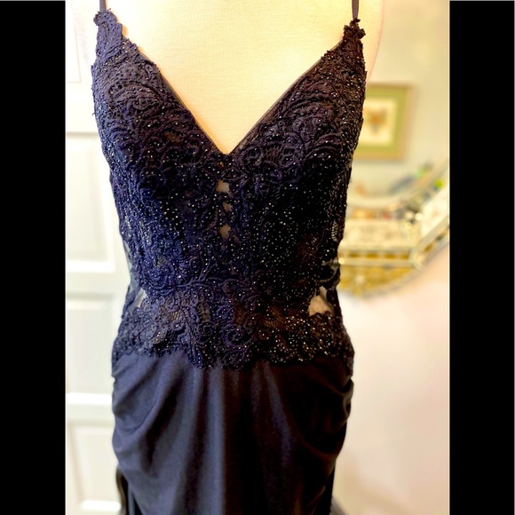 NEW Sexy La Femme Gorgeous Black Lace with Rhinestones Illusion Fitted Gown 12 - Picture 8 of 16
